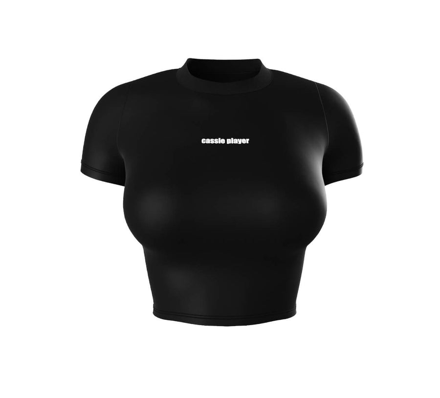 black crop t-shirt white logo round neck cassie player
