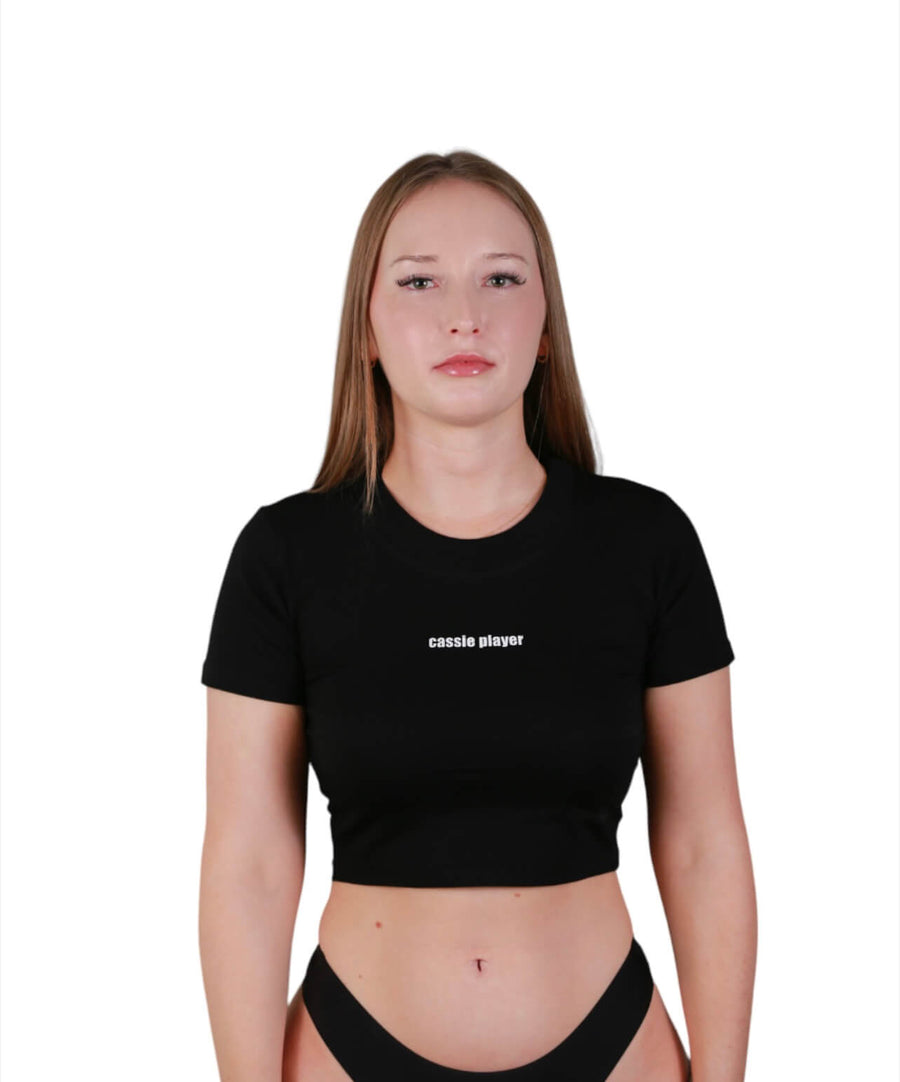 black crop t-shirt white logo round neck cassie player
