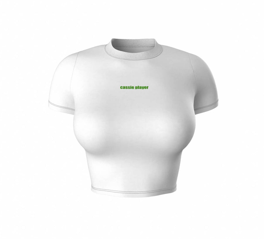 white crop t shirt green logo round neck cassie player